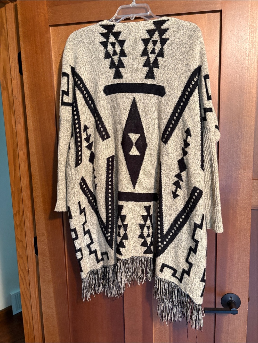 debut Black & Cream Aztec Fringe Open-Front Poncho Cardigan